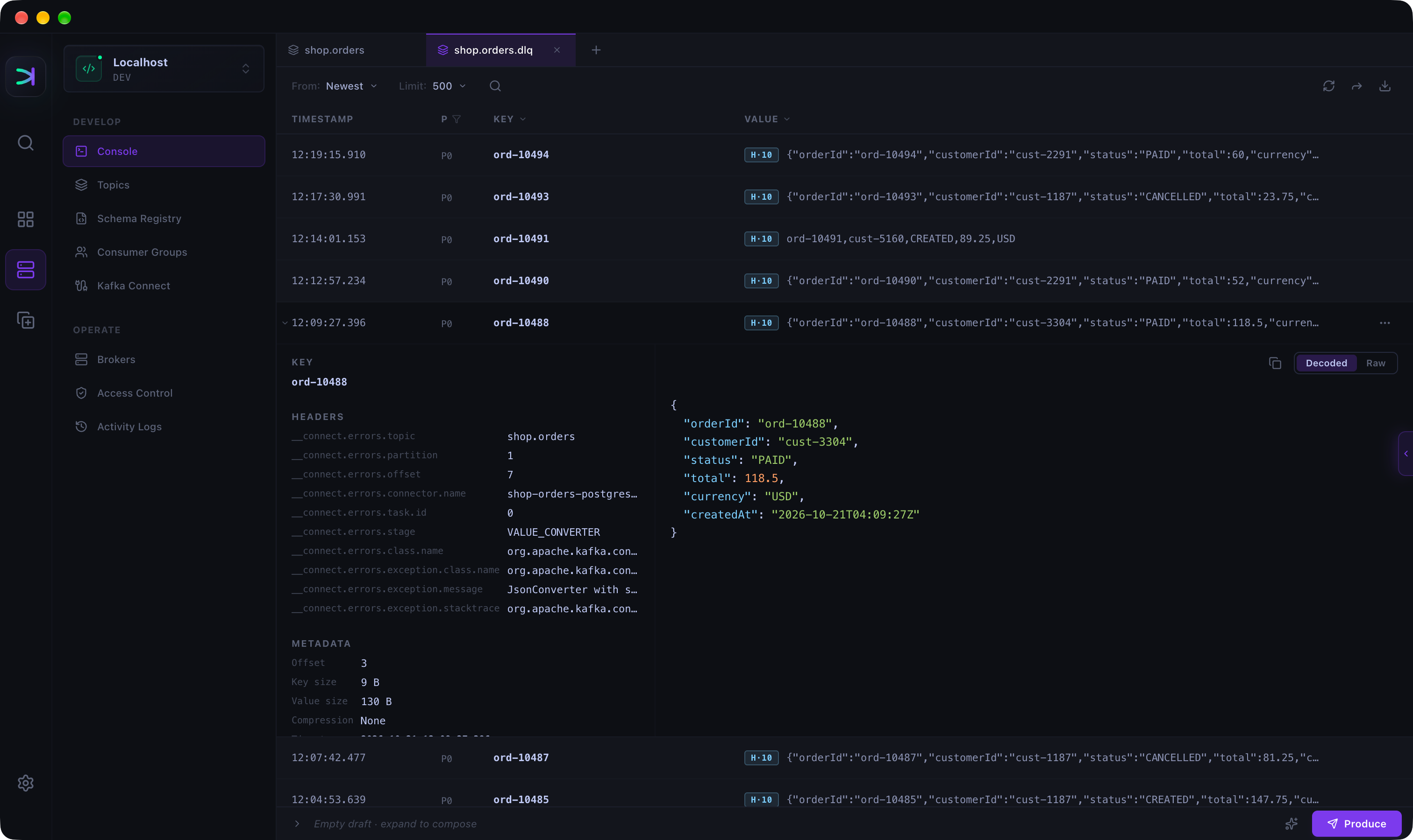 Kafma showing a Kafka Connect DLQ record with its __connect.errors headers and the plain JSON value the converter rejected