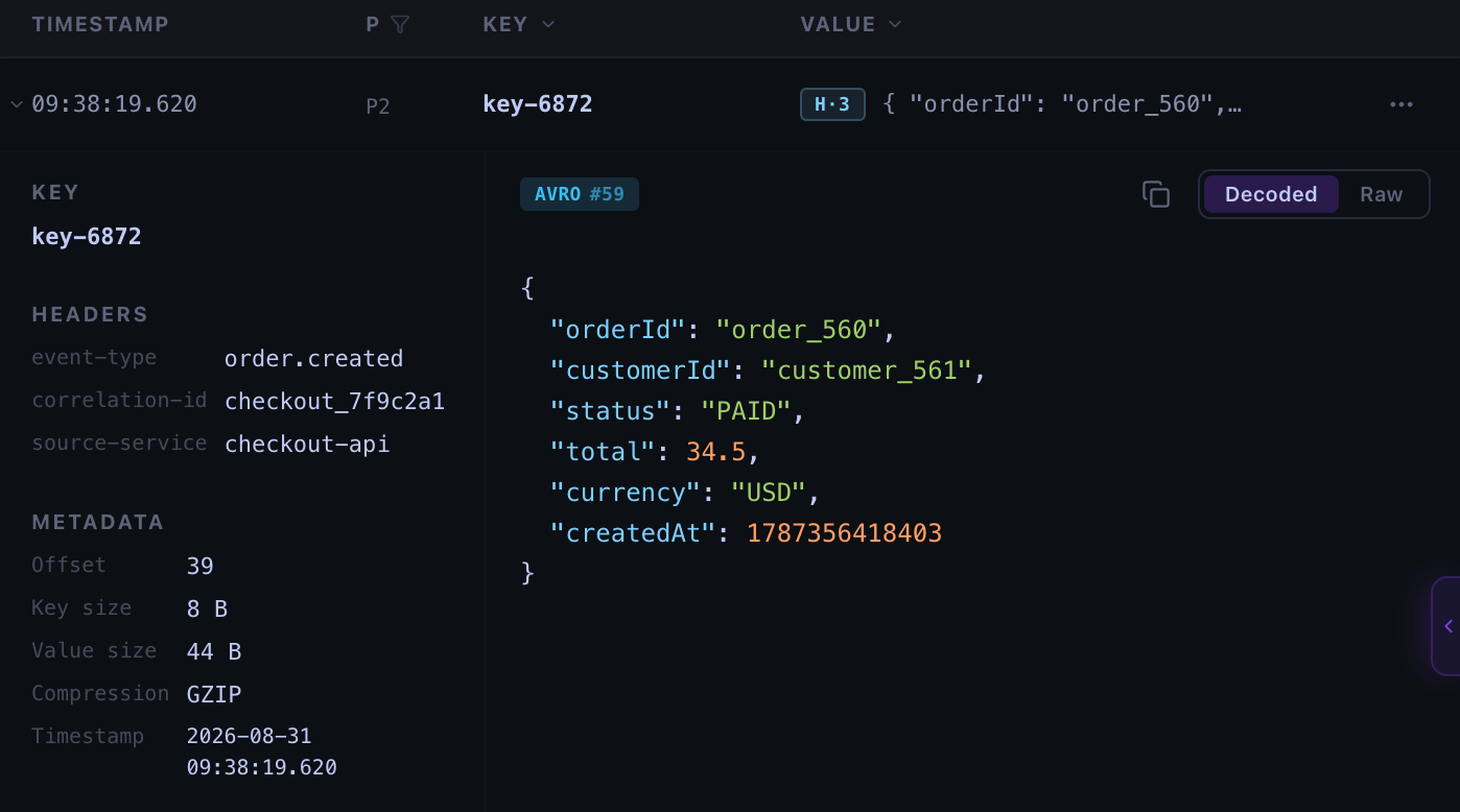 Kafma message details showing record headers, an Avro schema ID, and the Decoded and Raw views