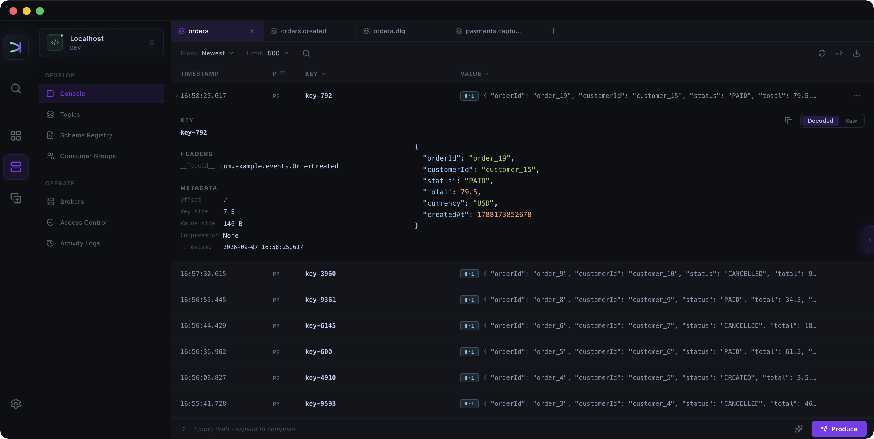 Kafma displaying a JSON order record with its Spring TypeId header, key, and metadata