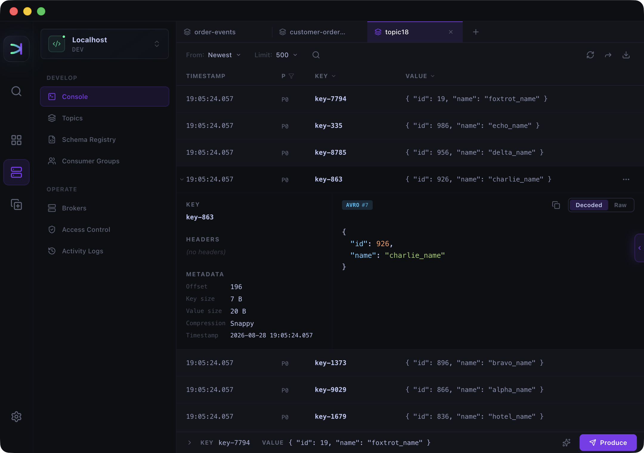 Kafma inspecting an automatically decoded Avro record with schema ID 7, metadata, and the Raw view available