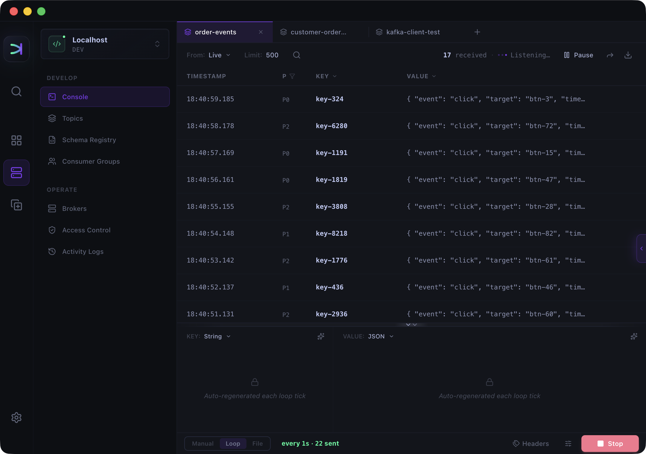 Kafma running a one-second producer loop with regenerated String keys and JSON values while Live shows the resulting records