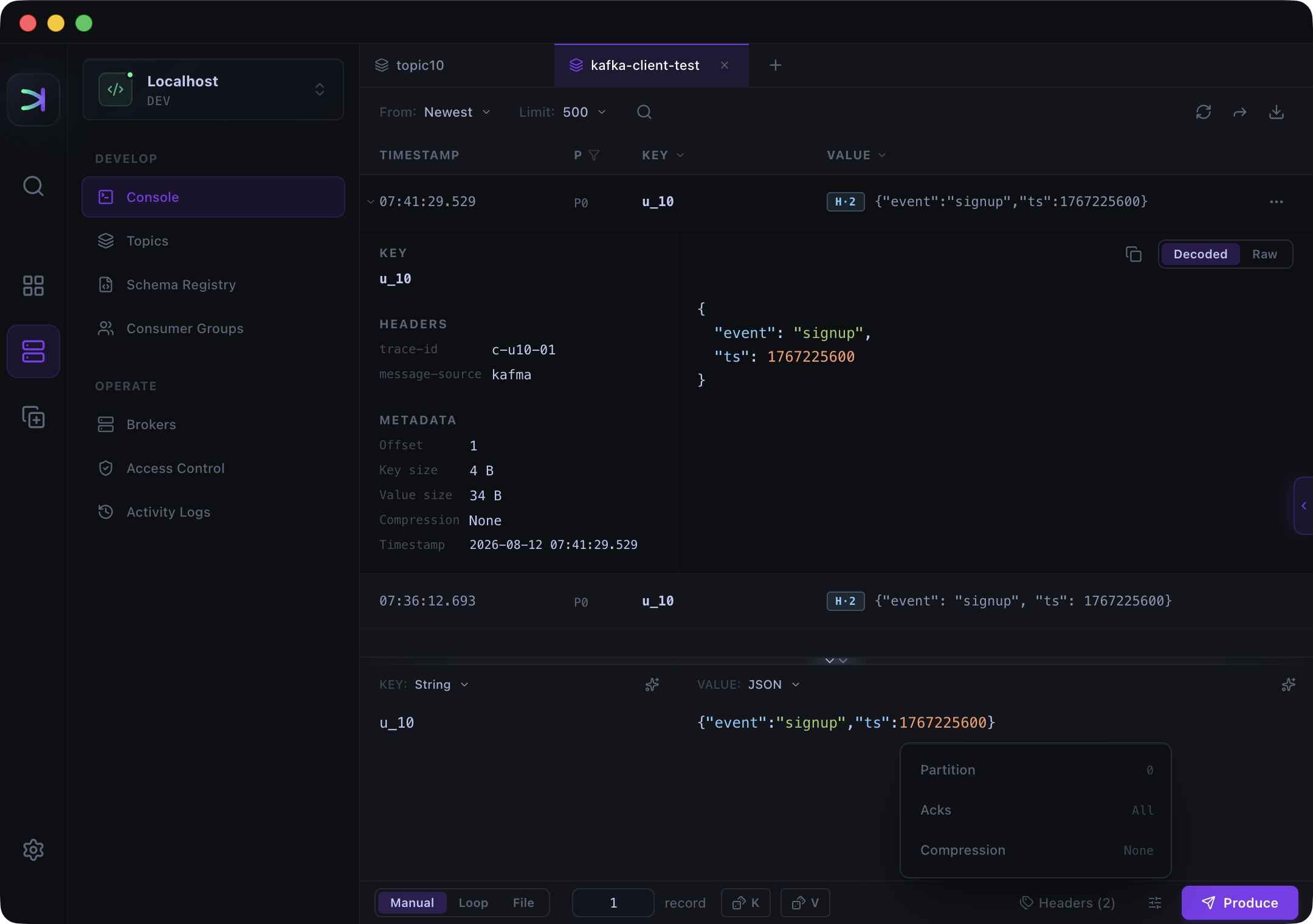 Kafma Kafka UI publishing the consumer test record to kafka-client-test