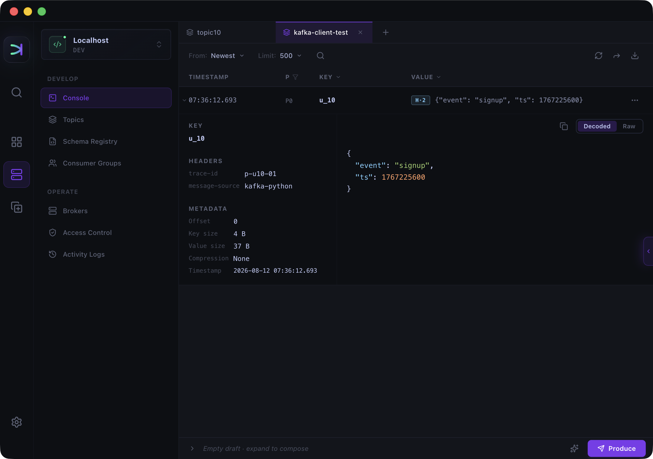 Kafma Kafka UI showing the test message key, decoded JSON value, headers, partition, and offset