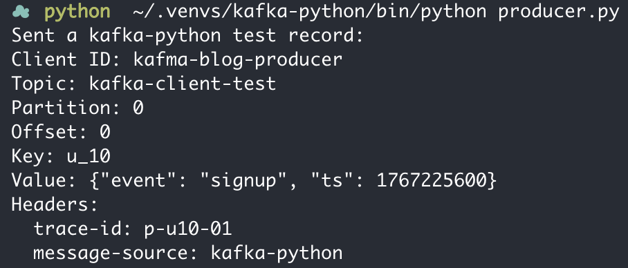 kafka-python producer reporting the test message sent to kafka-client-test