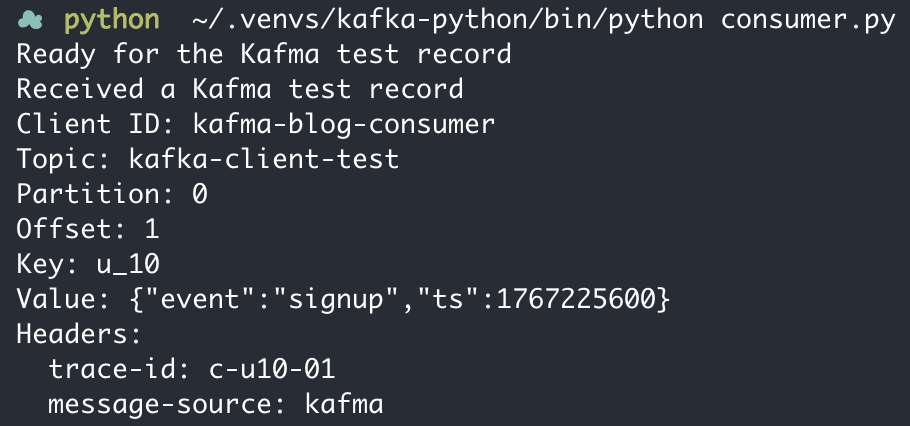 kafka-python consumer reporting the test record received from Kafma