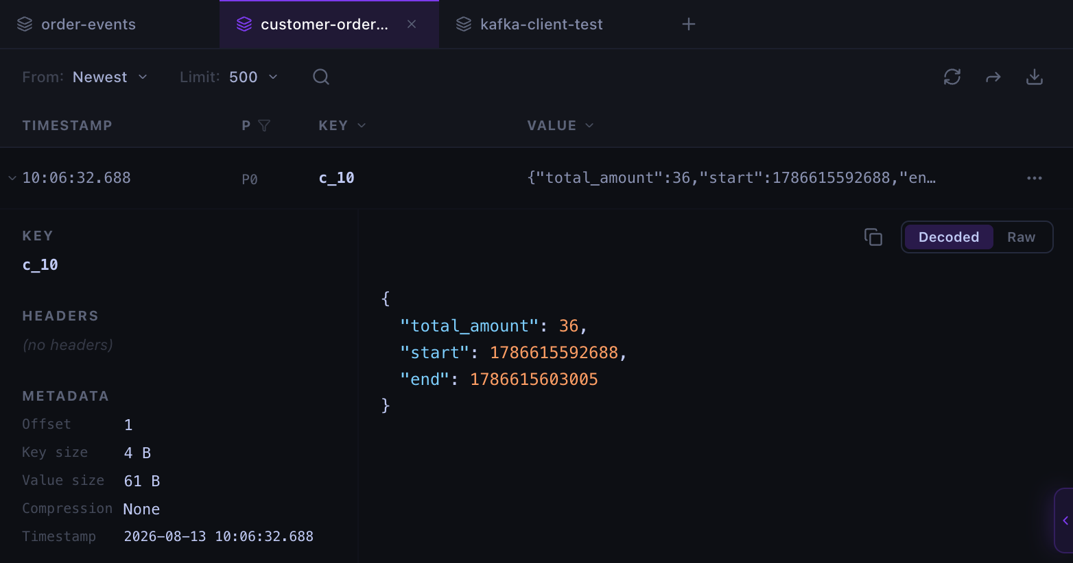 Kafma showing the customer-order-totals record with a total amount of 36