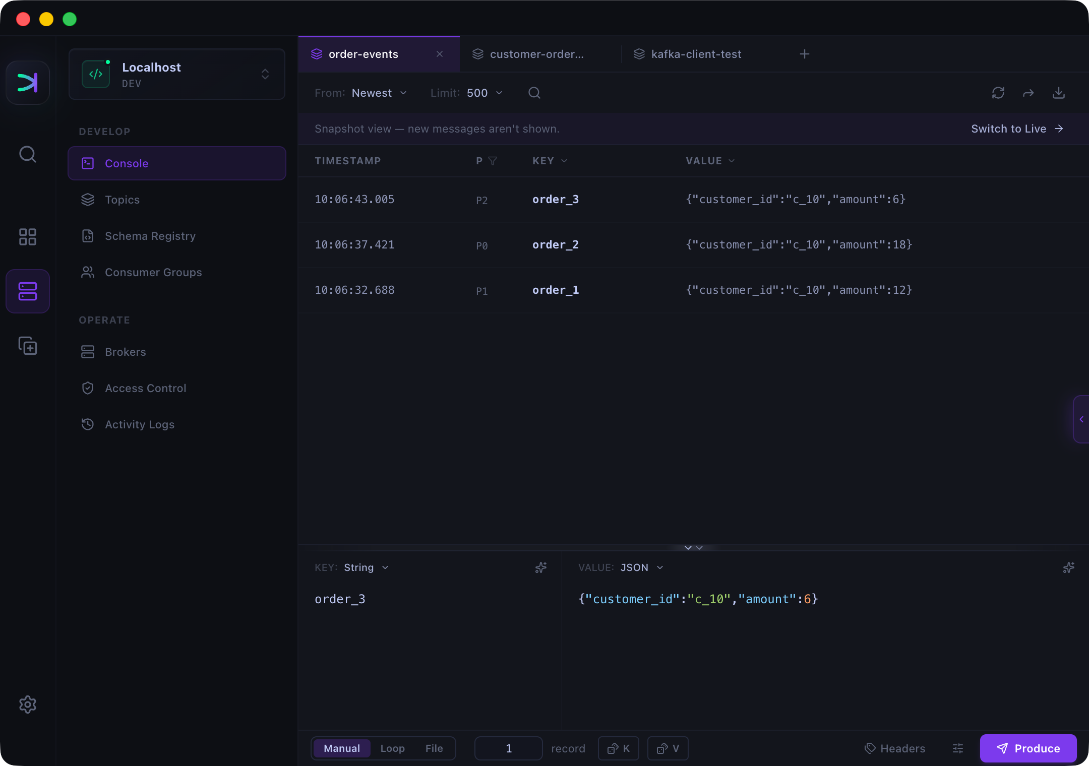 Kafma showing three order events for customer c_10