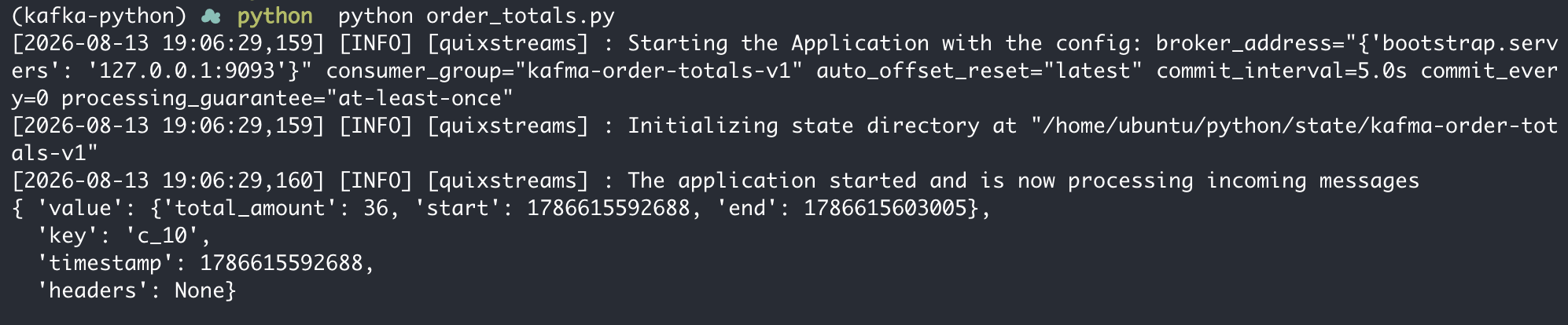 Quix Streams terminal output showing a total amount of 36 for customer c_10