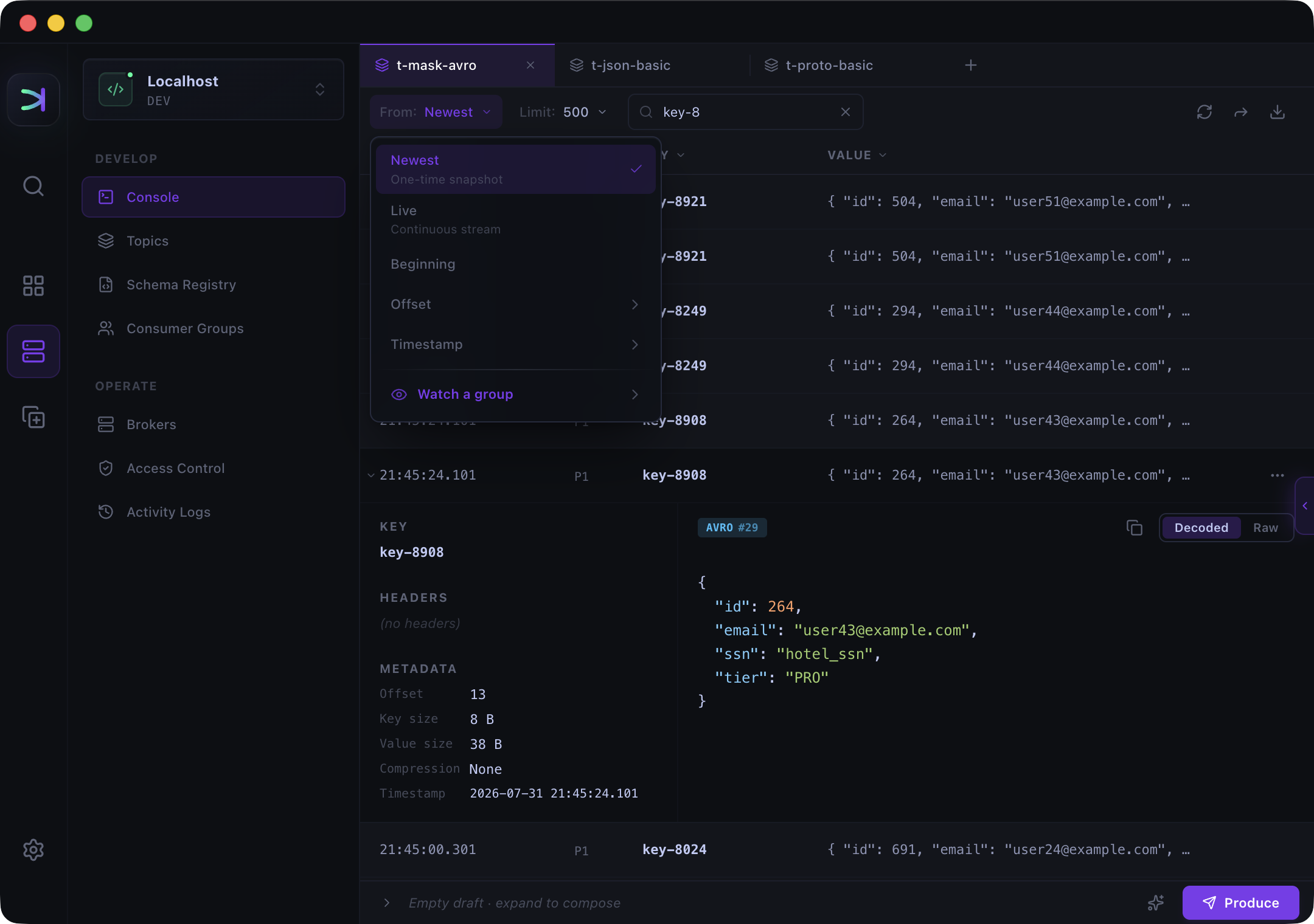 Kafma filtering Kafka messages by key and inspecting a decoded Avro record with its metadata and schema
