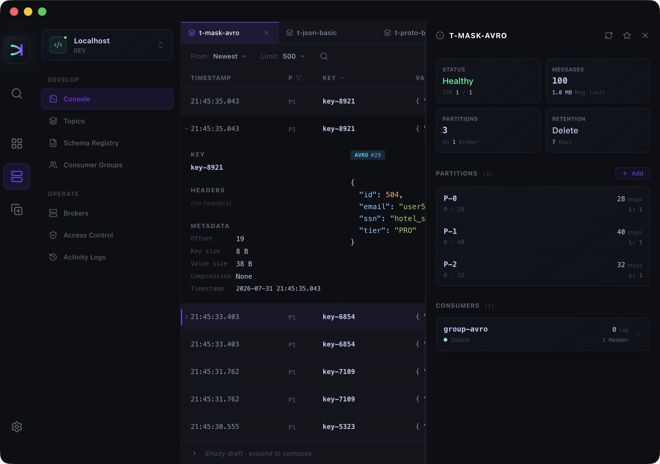 Kafma Console with persistent topic tabs, an expanded Avro message, topic details, and consumer state in one workspace