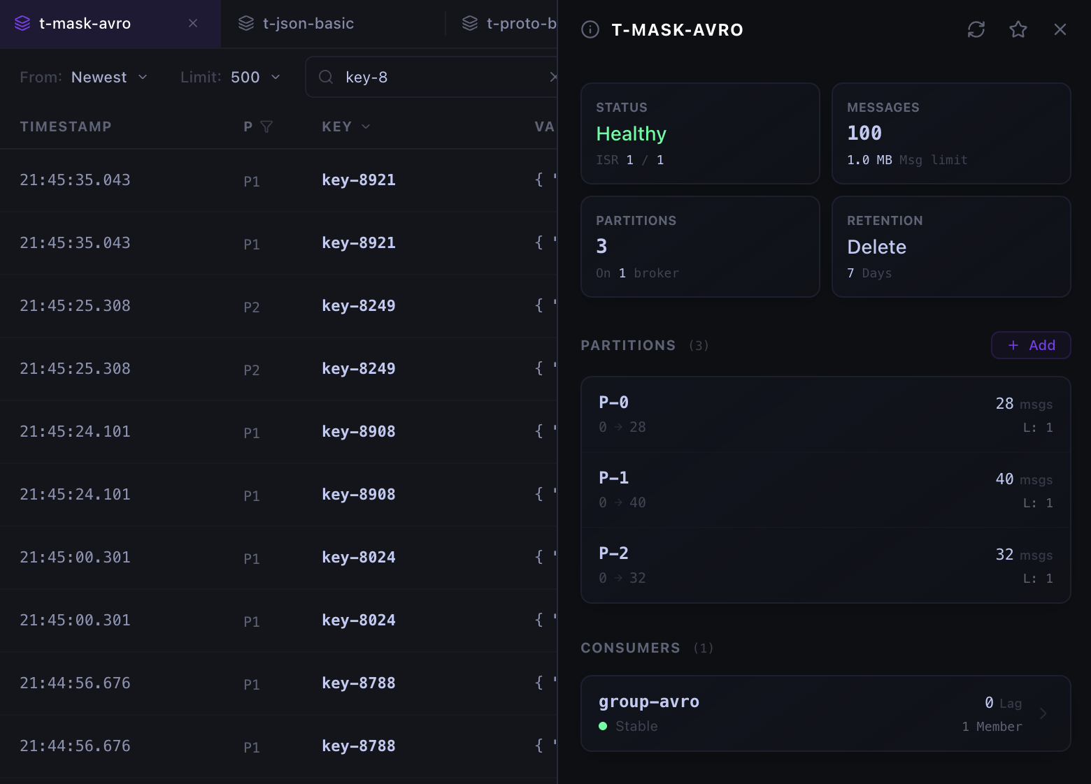Kafma topic details drawer showing health, message count, partitions, retention, and an associated consumer group beside filtered Kafka messages