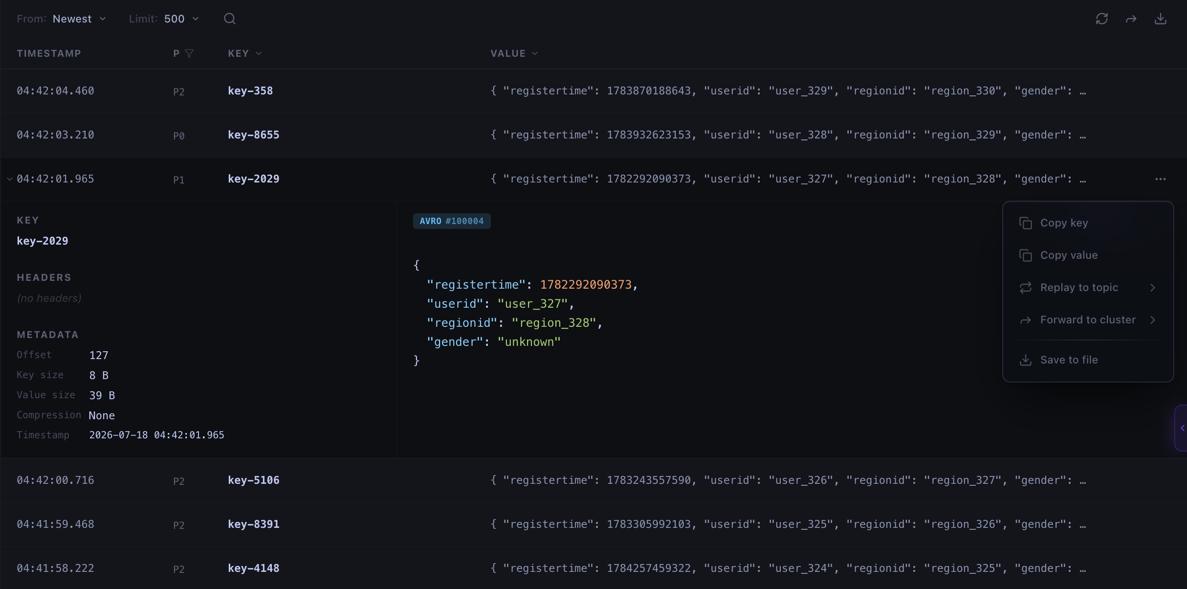 A decoded Avro message with metadata and replay, forwarding, and export actions