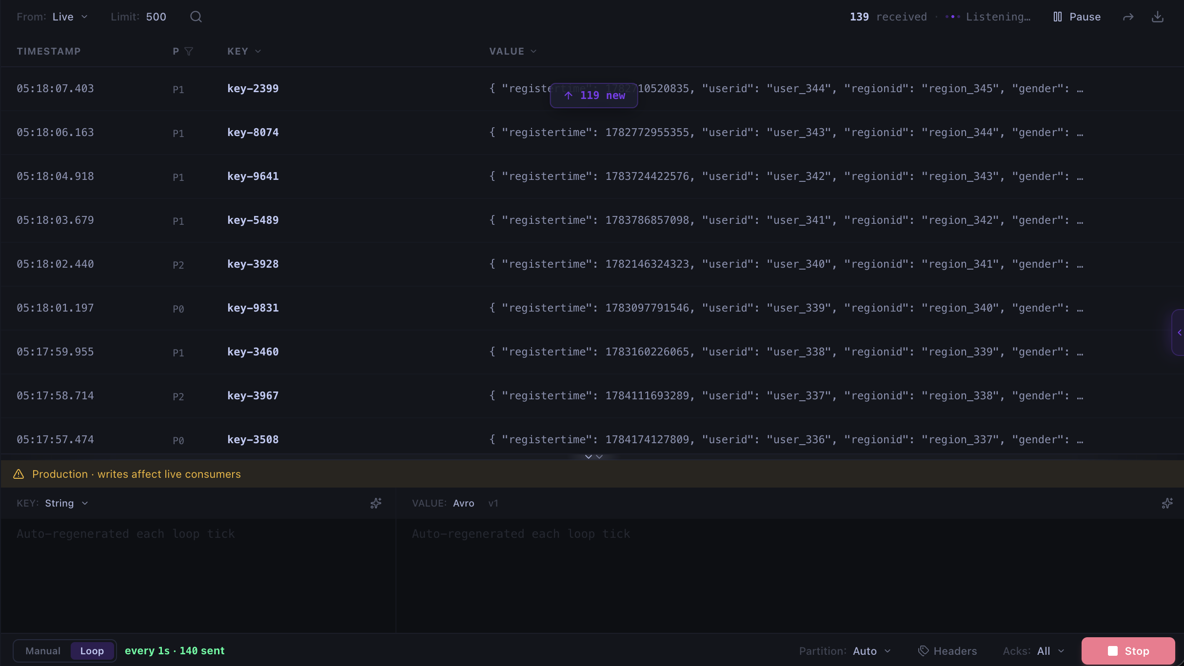 Kafma Console tailing live Kafka messages while a producer loop runs below