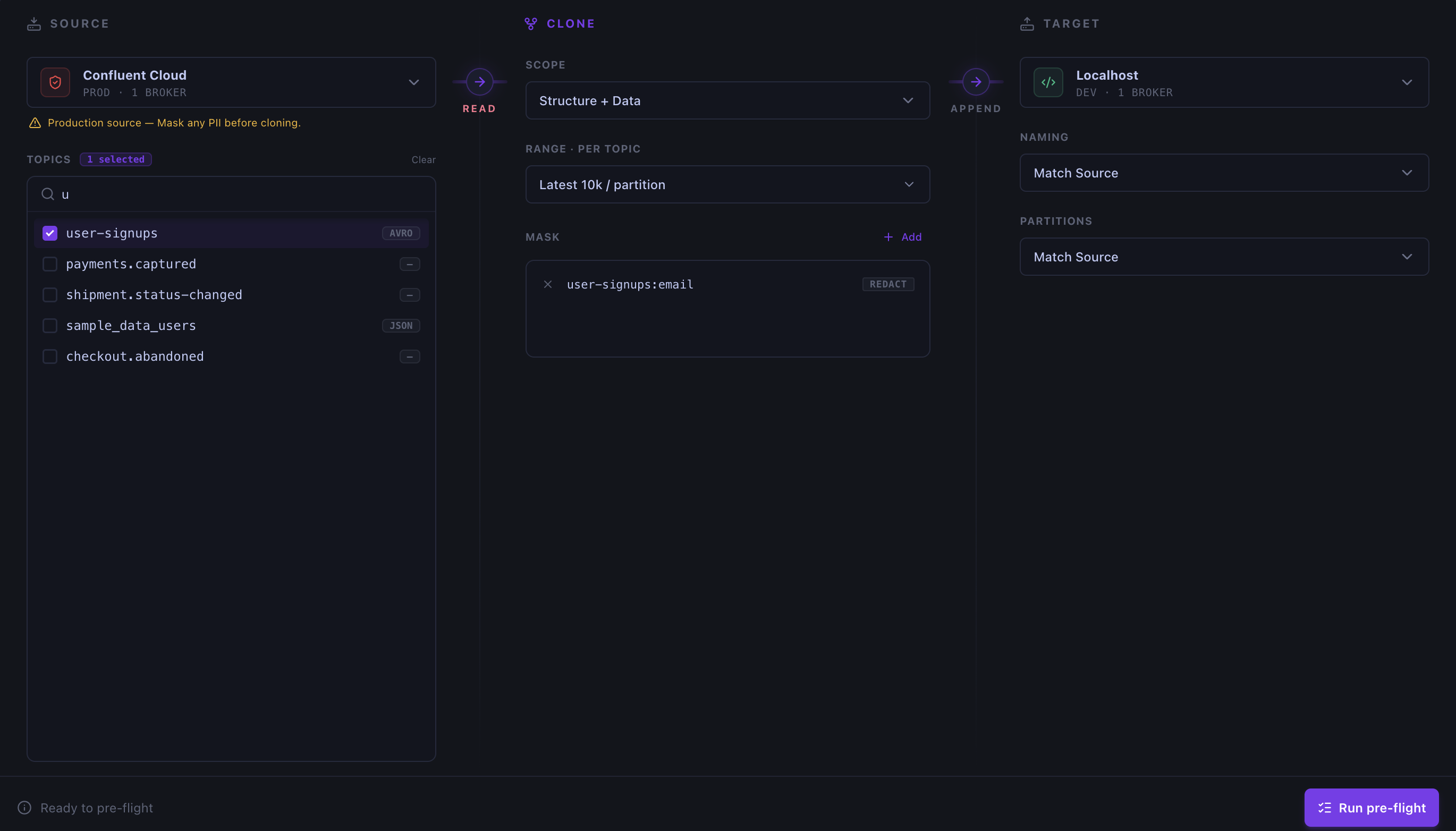 Kafma cloning a production topic to a local cluster with field masking