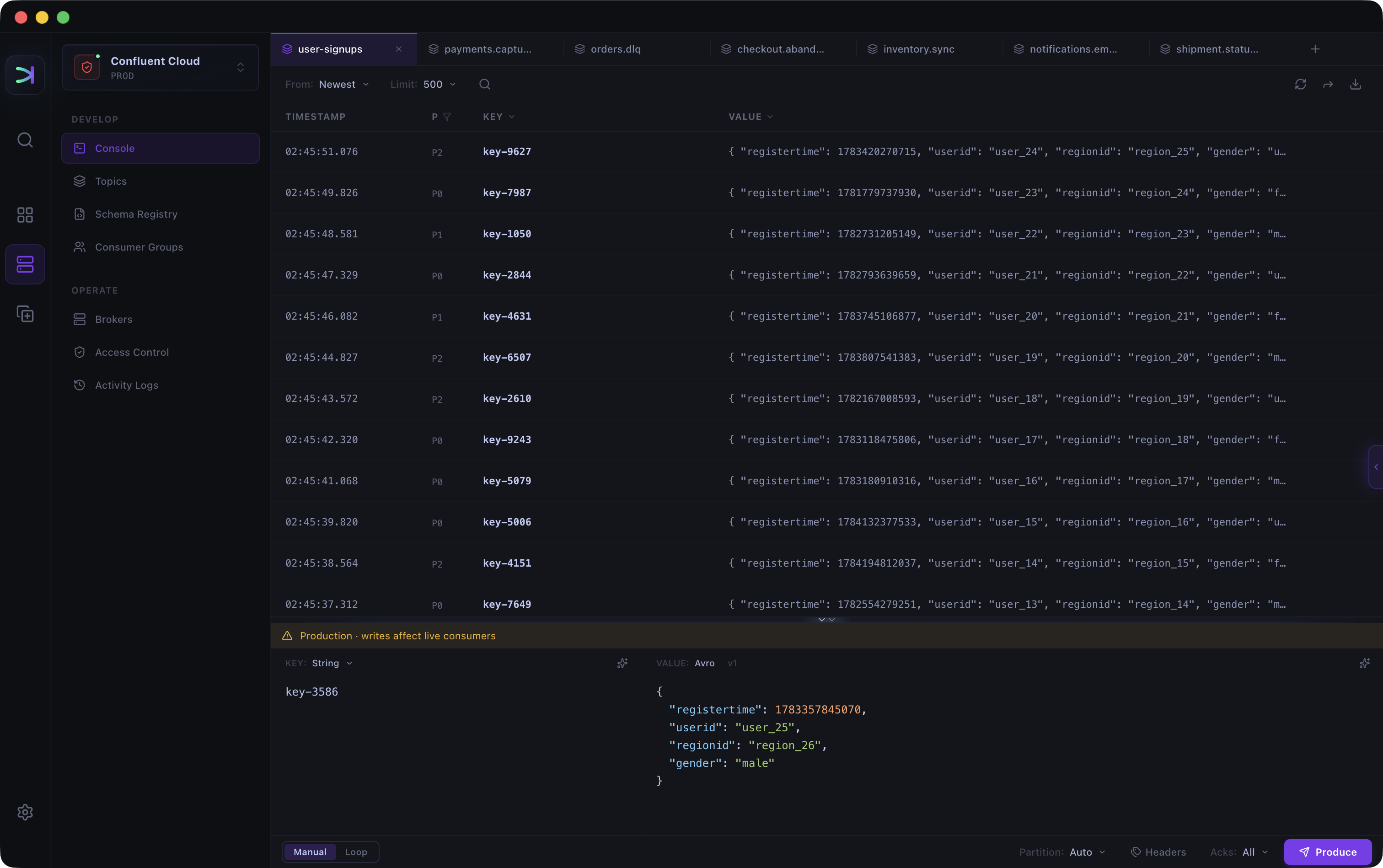 Kafma workspace with clusters, topics, schemas, and a message console