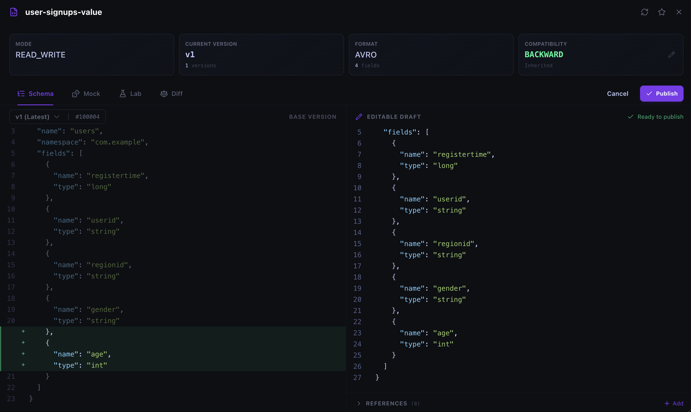 Kafma schema editor showing a draft diff against the selected schema version