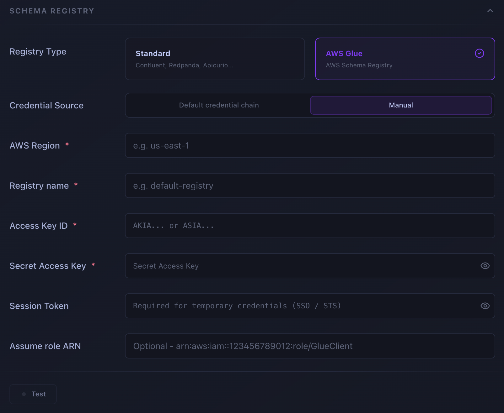 AWS Glue Schema Registry settings with Region, registry name, AWS credential source, profile, optional assume role, and Test