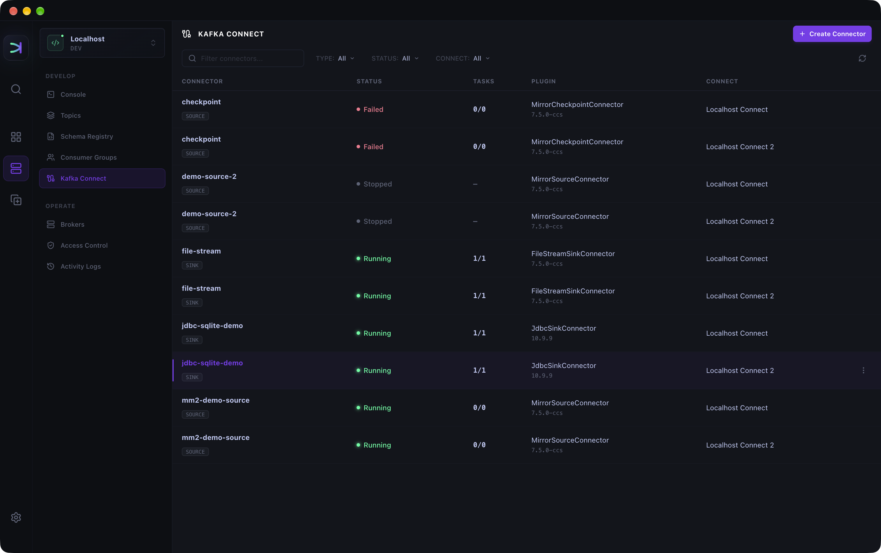 Kafma Kafka Connect page listing source and sink connectors with their status, tasks, plugins, and Connect clusters