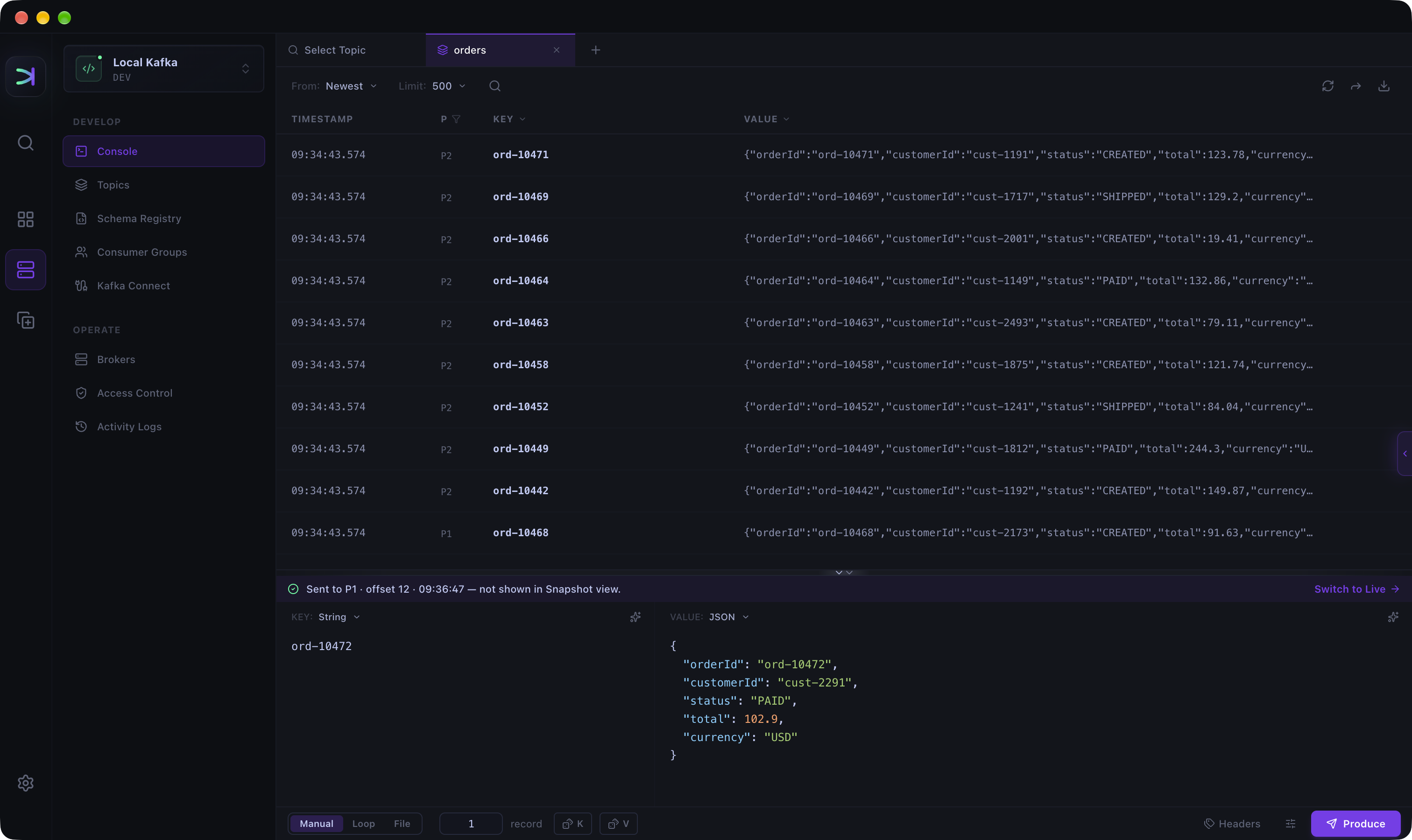 Kafma Console producer after sending a JSON order record, with a receipt line showing partition 1, offset 12, and the send time, and a Switch to Live action because the list is a snapshot