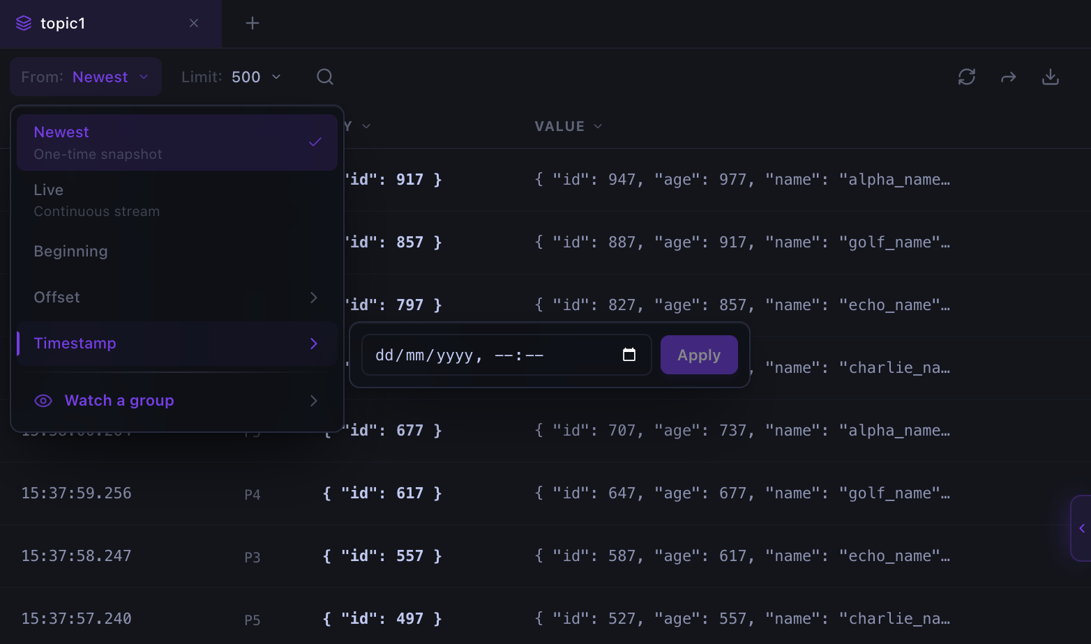 Choosing where to start consuming Kafka messages, including the beginning, an offset, or a timestamp