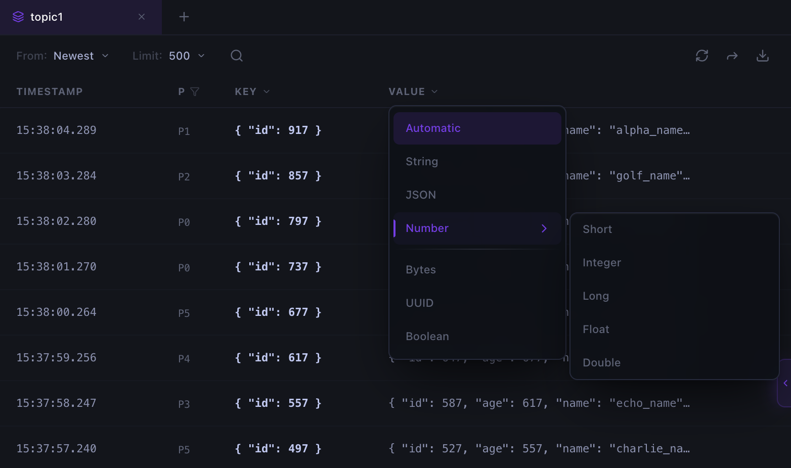 Choosing how to decode Kafka message keys and values, including JSON, numeric types, bytes, UUID, and Boolean