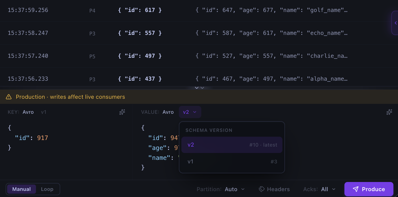 Selecting a schema version for an Avro Kafka message in Kafma’s producer