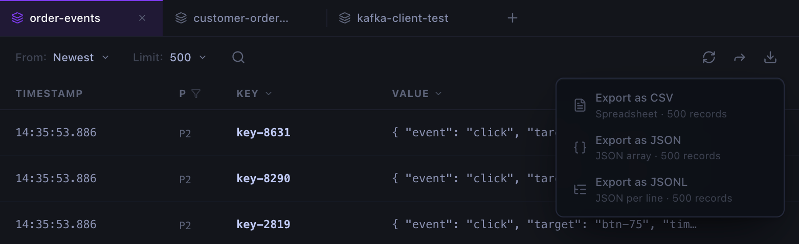 Exporting filtered Console messages as CSV, JSON, or JSONL