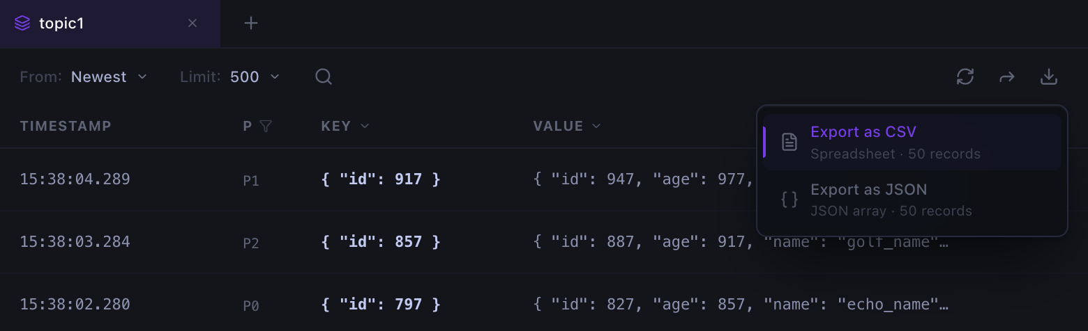 Exporting the current filtered Kafka messages as CSV or JSON in Kafma