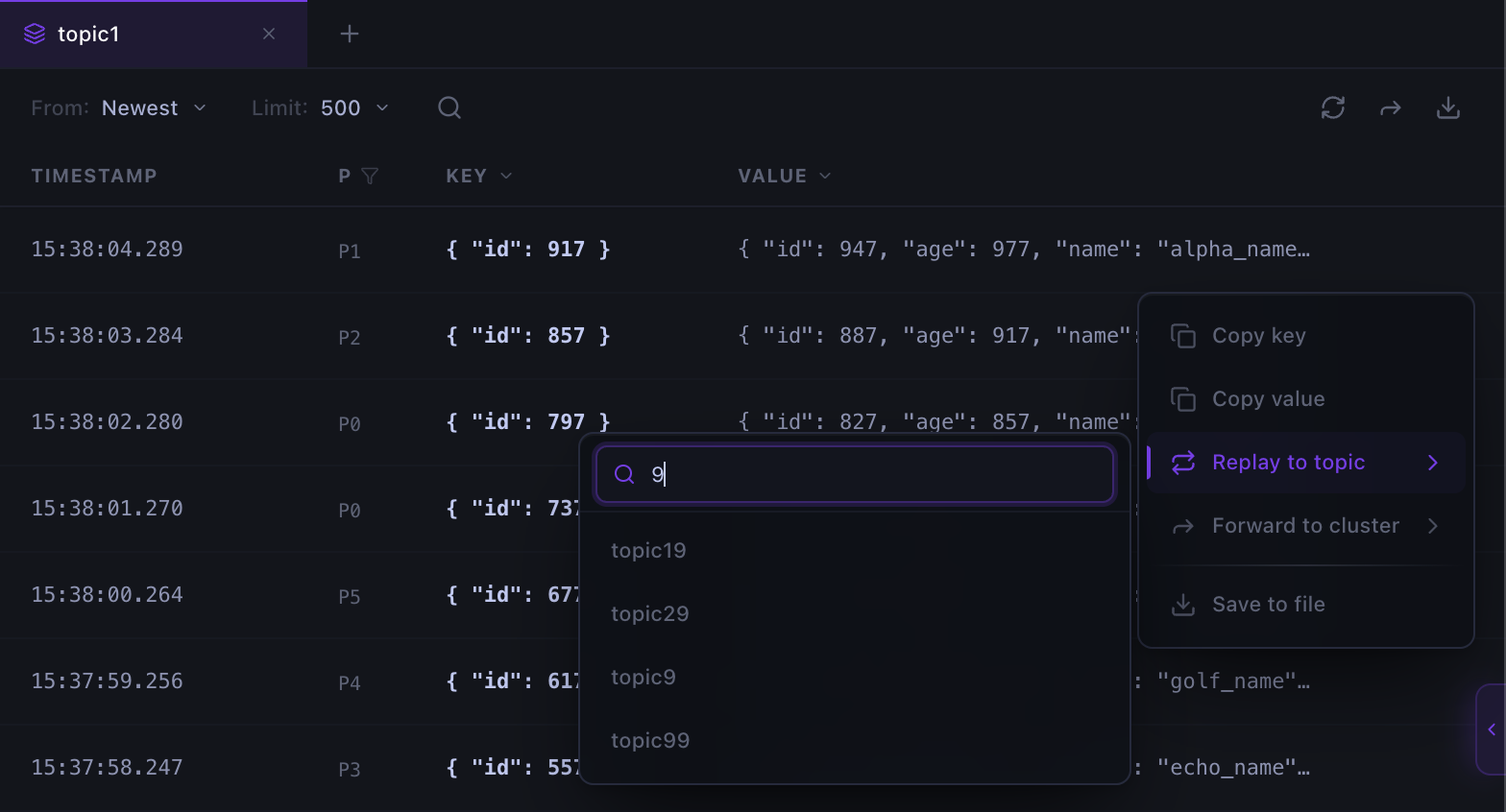 Choosing a topic to replay a Kafka message to in Kafma