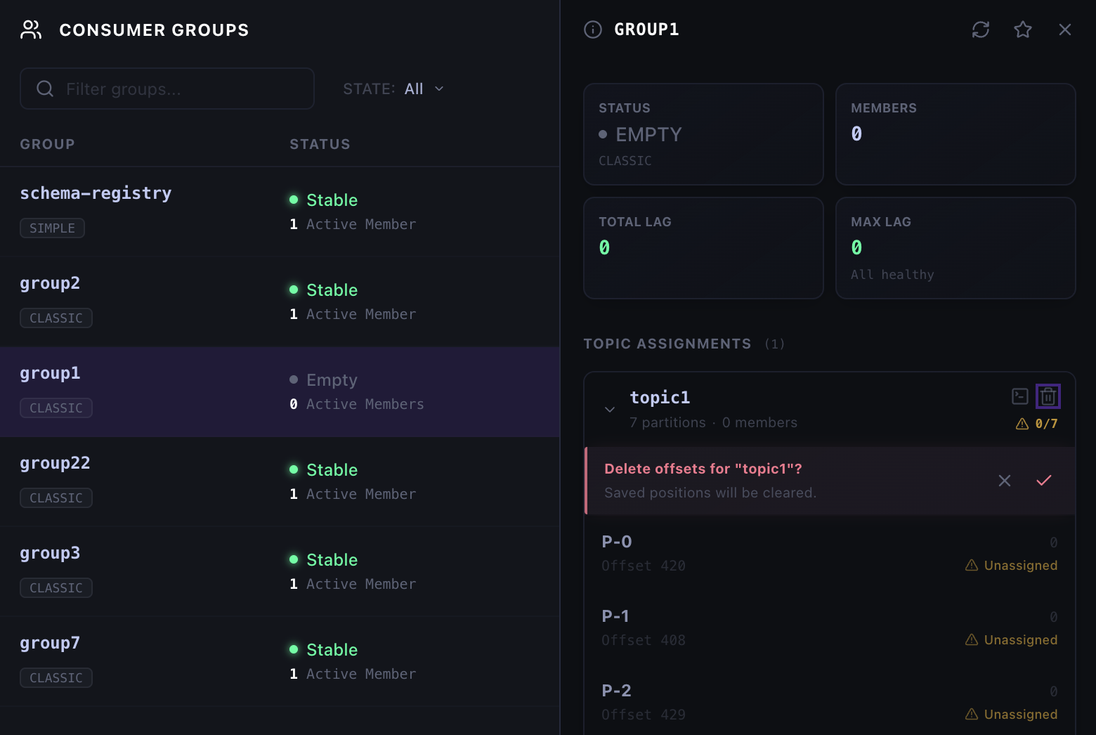 Deleting committed offsets for one topic from an inactive Kafka consumer group