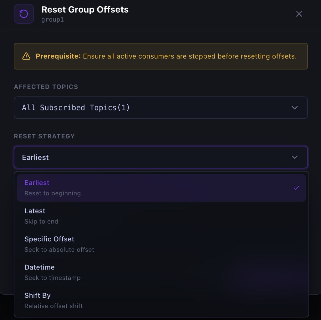 Reset Kafka consumer group offsets dialog with topic scope and five reset strategies