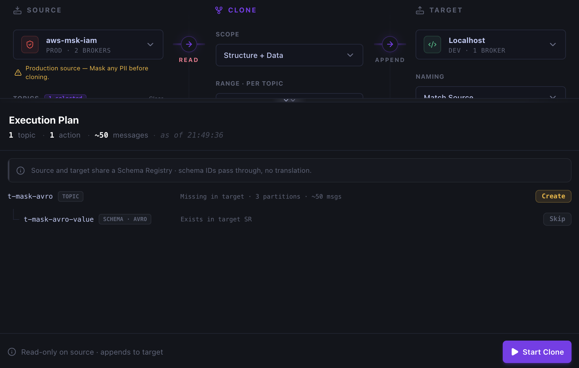 Ready Kafka data clone execution plan with topic and schema actions