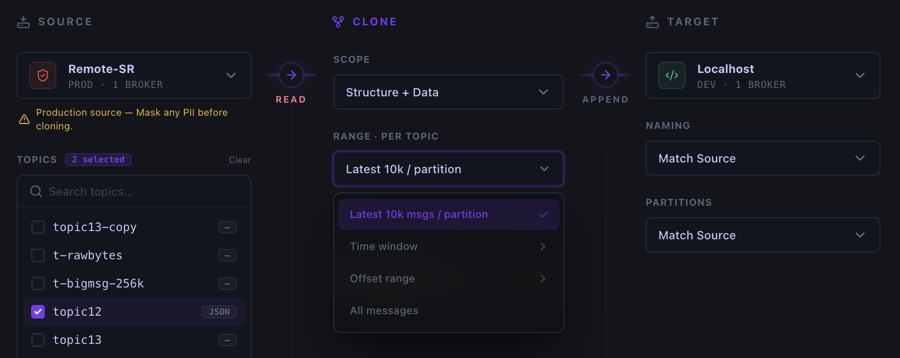 Selecting a message range while matching target topic names and partition counts