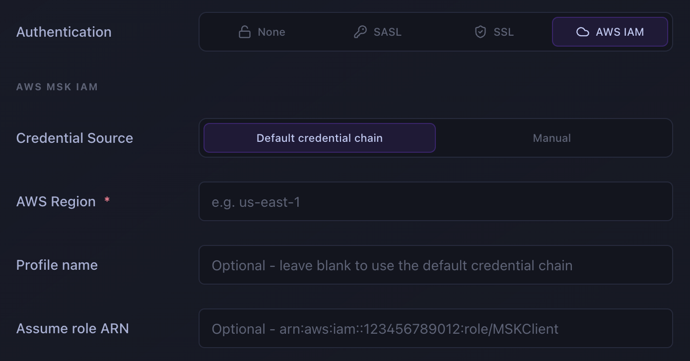 Kafma's AWS IAM authentication settings for an Amazon MSK cluster: credential source, region, profile name, and assume role ARN
