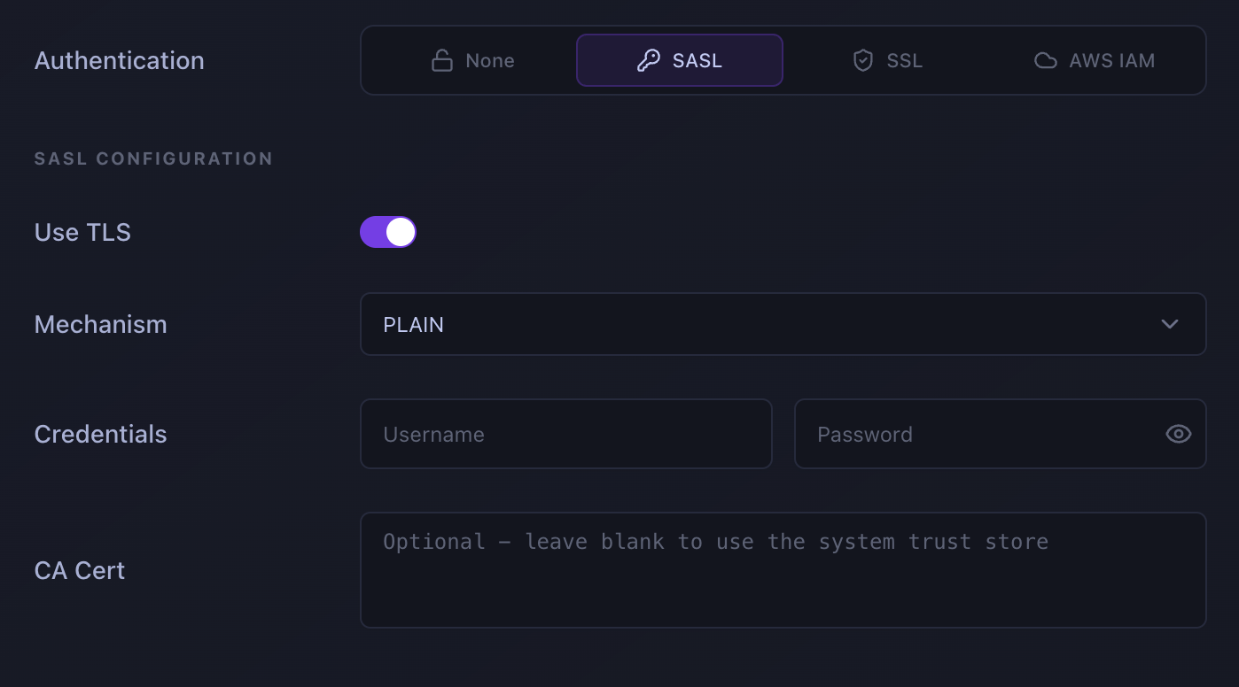 Kafma's SASL authentication settings for a Kafka cluster: Use TLS, mechanism, credentials, and an optional CA certificate