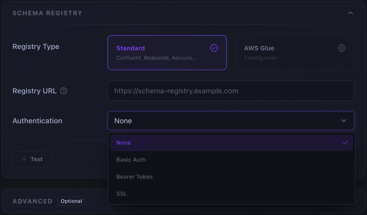 Kafma's Schema Registry settings for a Kafka cluster: registry type, URL, the authentication options, and the card's own Test button