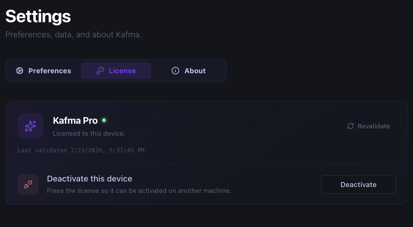 The License tab in Kafma's settings, showing the active plan, when it was last validated, and the option to deactivate the device