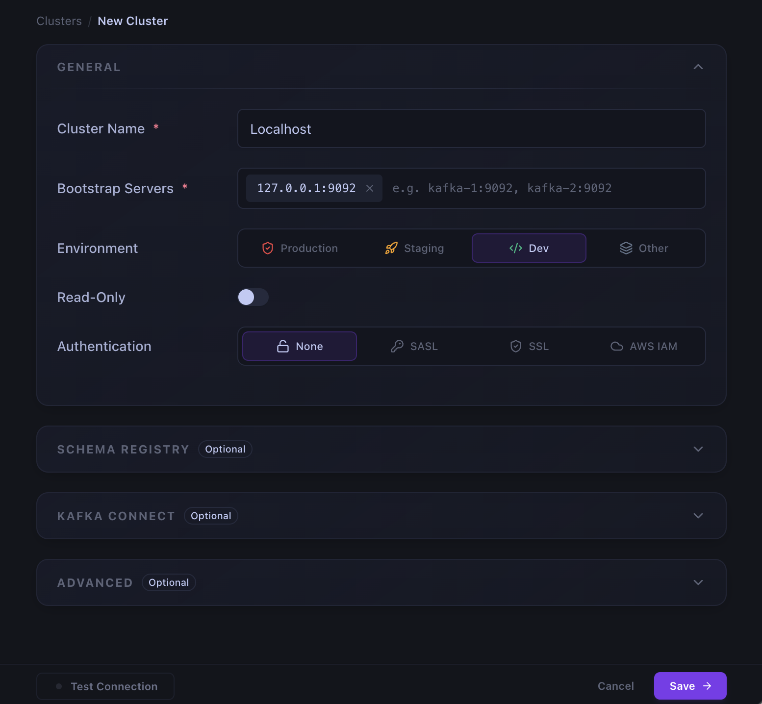 The Kafma New Cluster form with the General card expanded and the Schema Registry, Kafka Connect, and Advanced cards collapsed