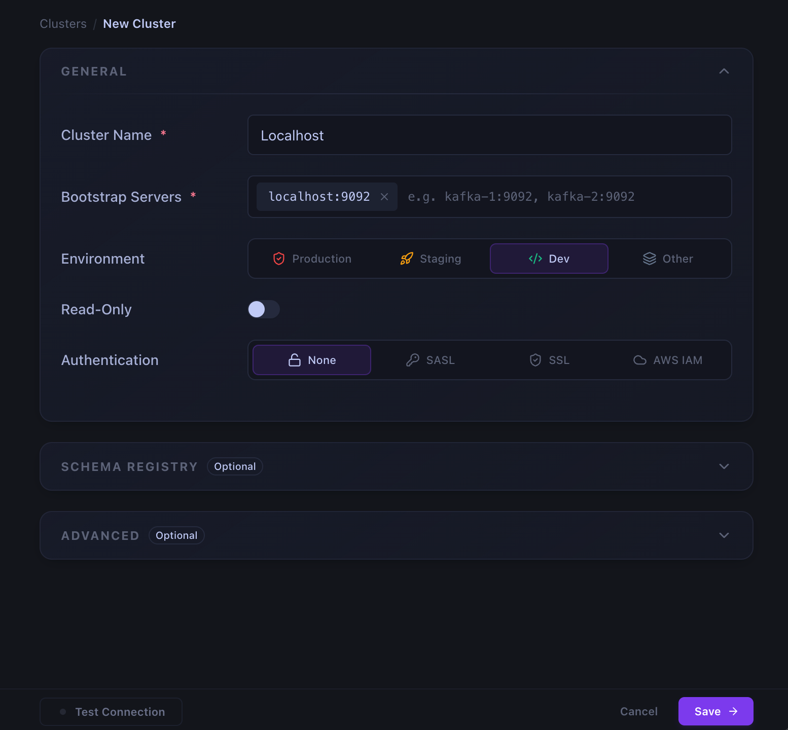 The New Cluster form in Kafma, connecting to a local Kafka broker at localhost:9092 with no authentication