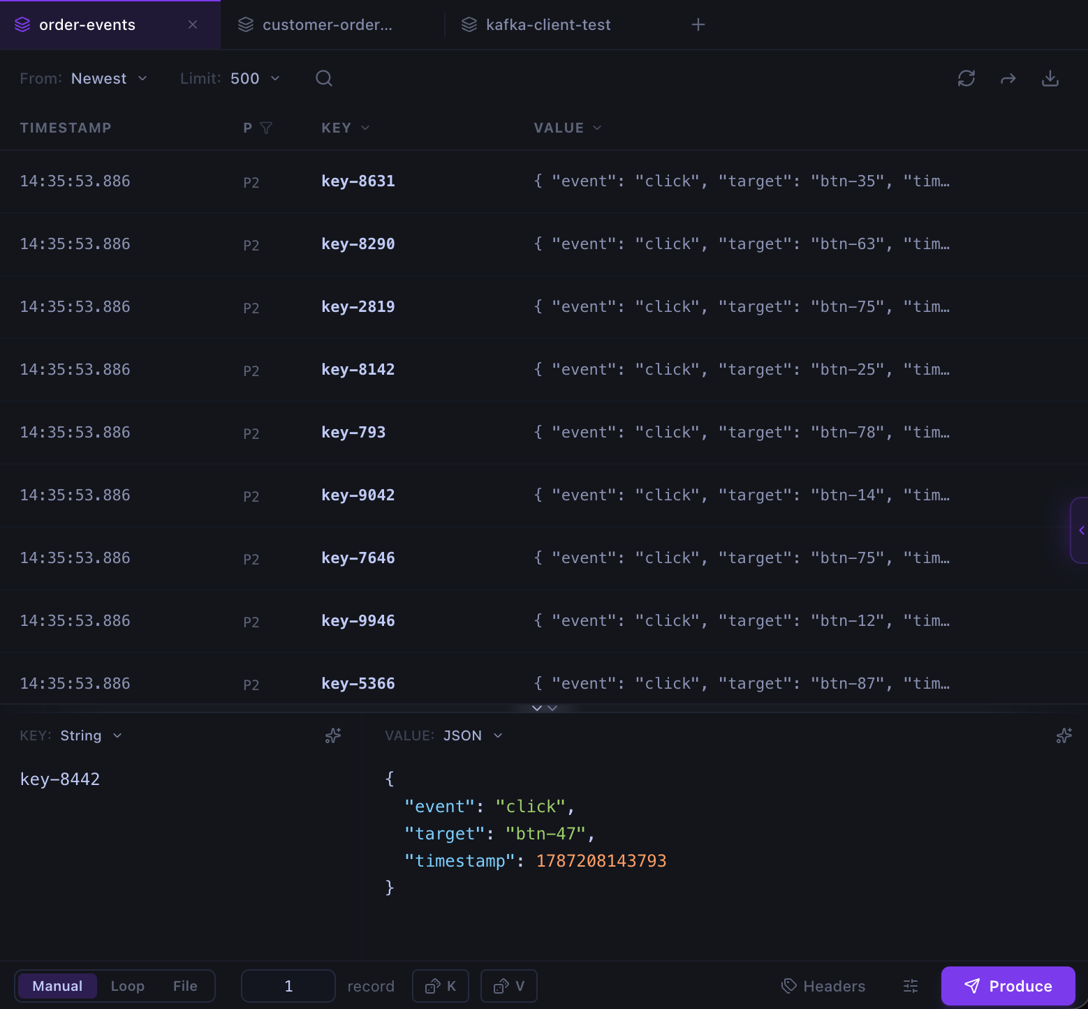 A Kafka topic open in Kafma, listing JSON messages above and the producer composing the next one below