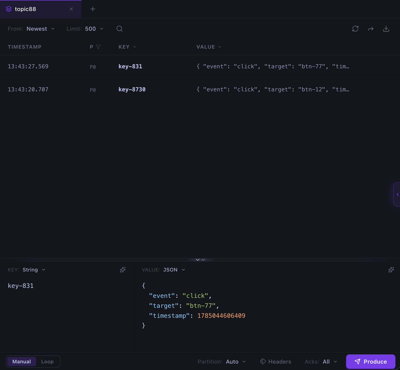 A Kafka topic open in Kafma, listing JSON messages above and the producer composing the next one below