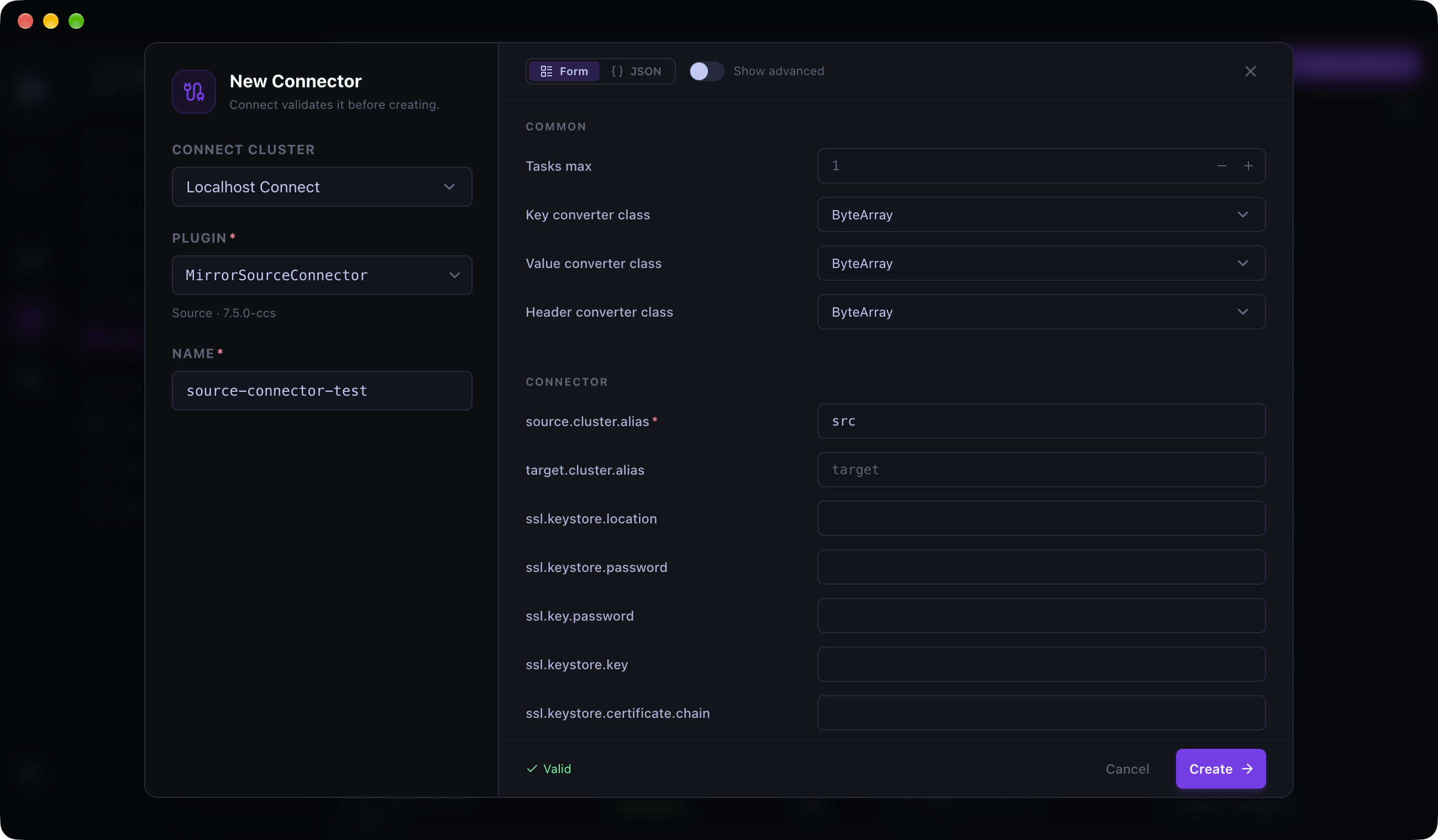 Creating a source connector from an installed plugin, with Form and JSON modes and configuration validation