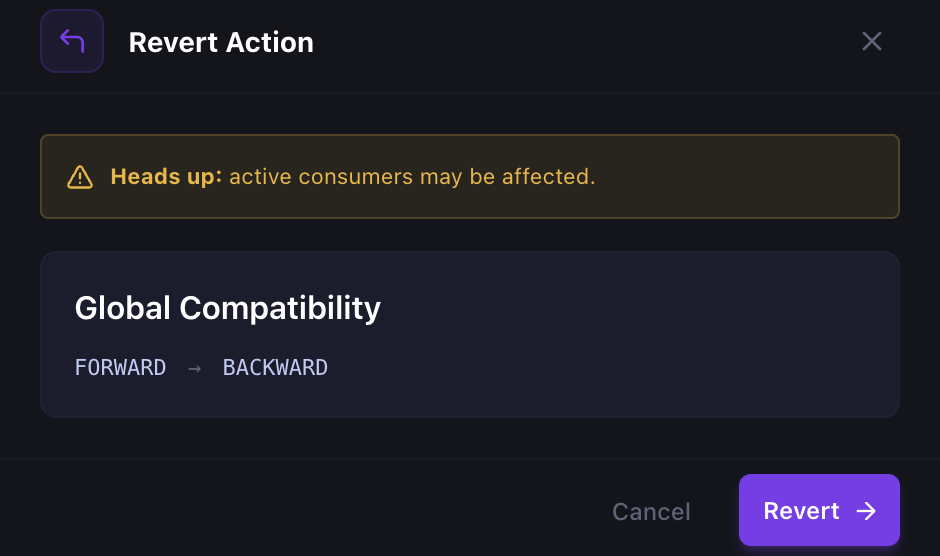 Reviewing values before reverting an action from Kafma Activity Logs
