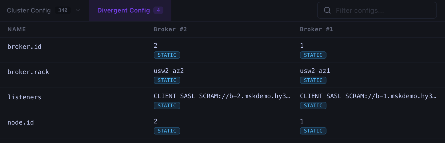 Comparing divergent Kafka broker configuration values