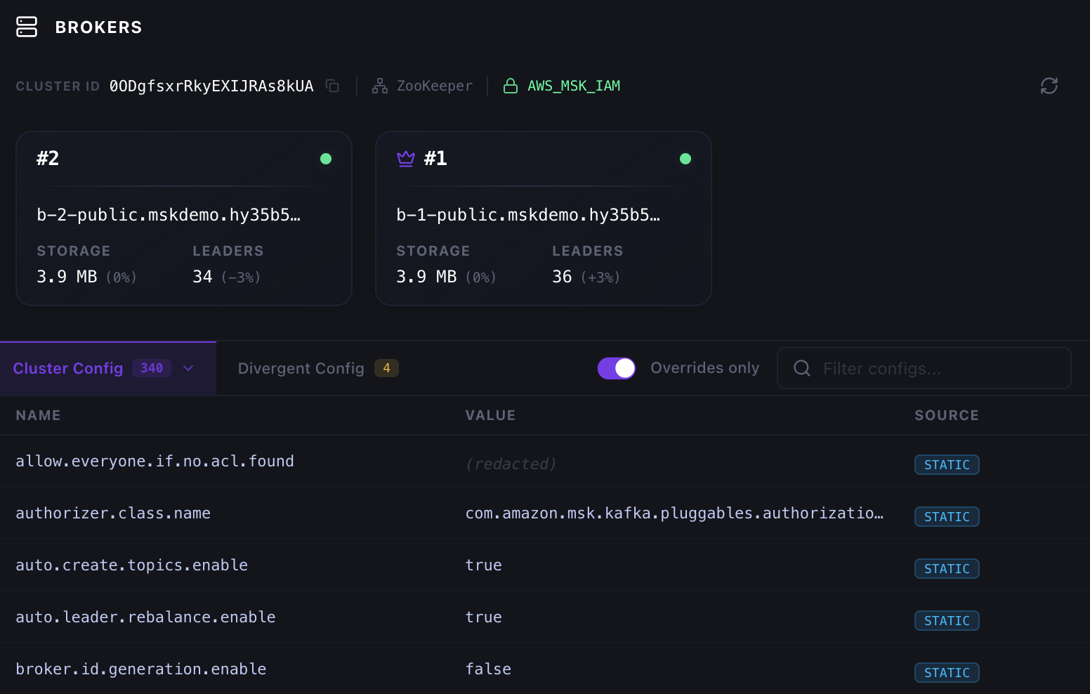 Kafka brokers with cluster configuration, storage, and partition leader distribution