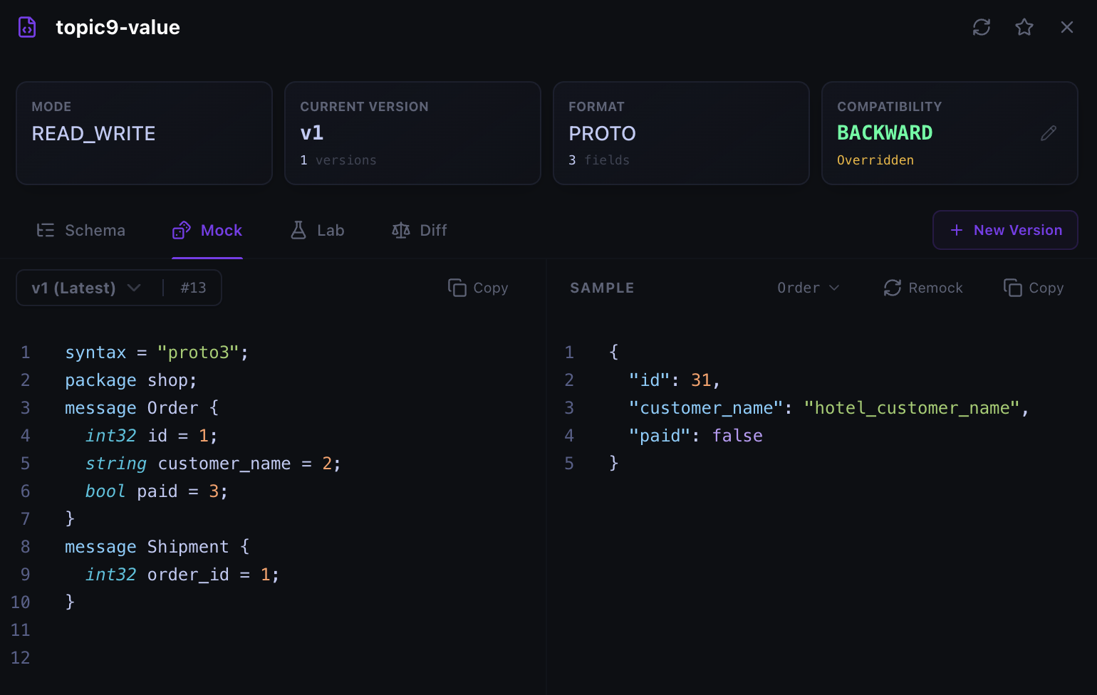 Protobuf schema beside a generated JSON sample with message type, Remock, and Copy controls