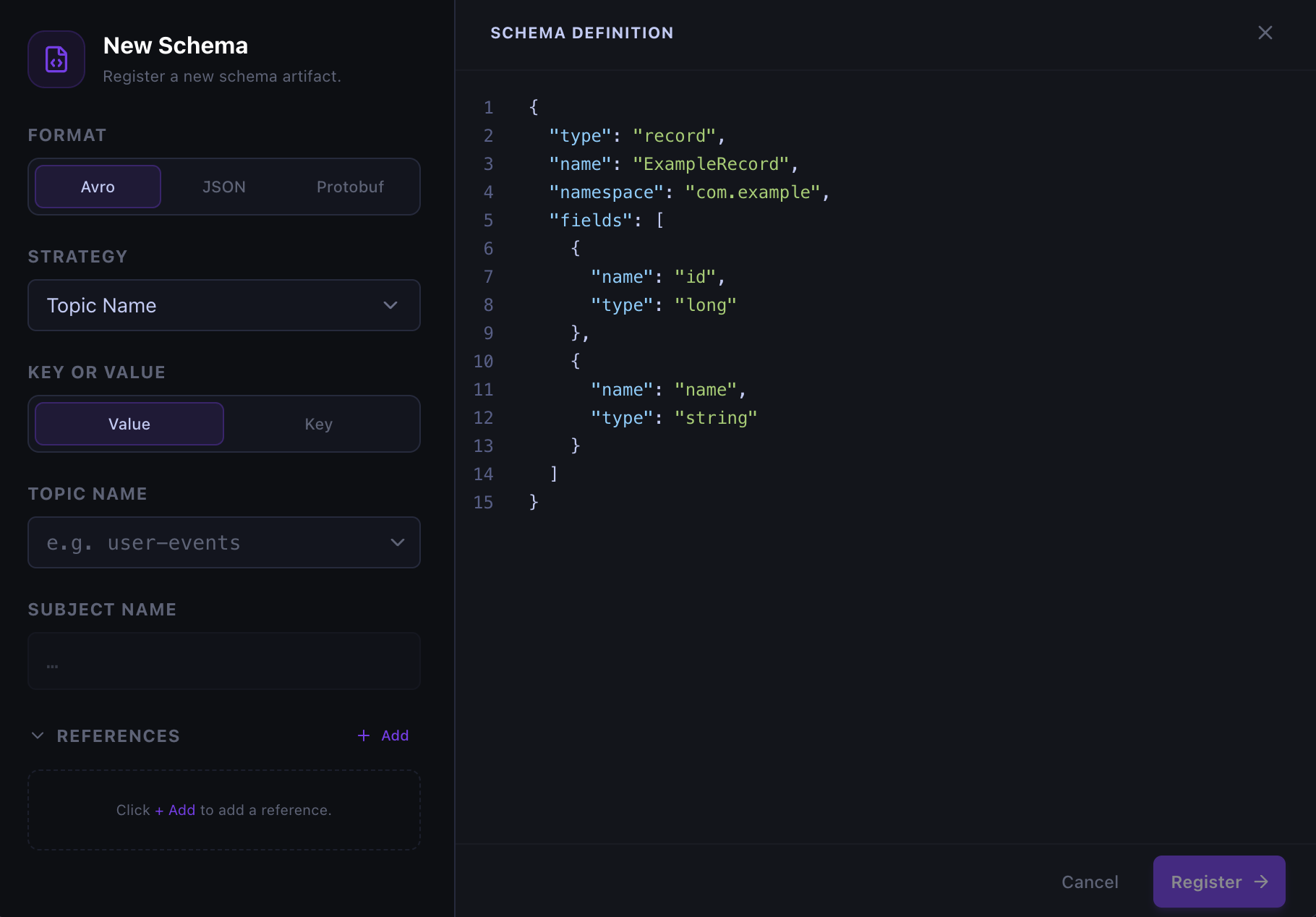 Kafma schema registration editor with Avro, JSON Schema, and Protobuf formats, subject naming strategy, and references