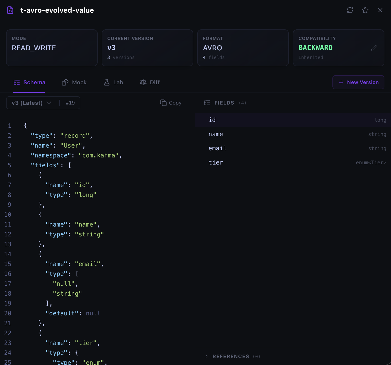 Full-width Schema Registry subject drawer showing mode, versions, format, compatibility, schema source, and fields