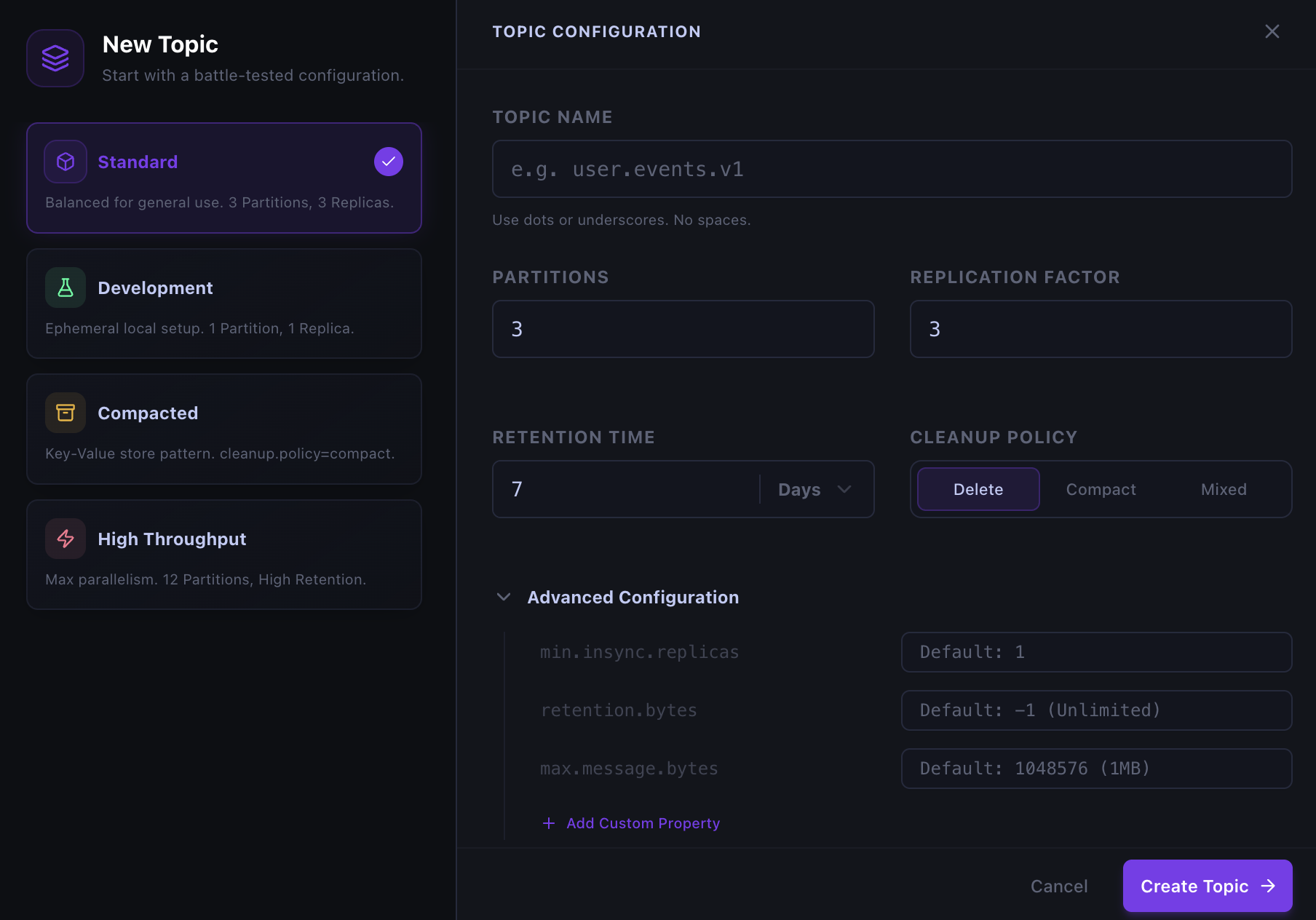 Creating a Kafka topic from a preset with partitions, replication, retention, cleanup policy, and advanced configuration