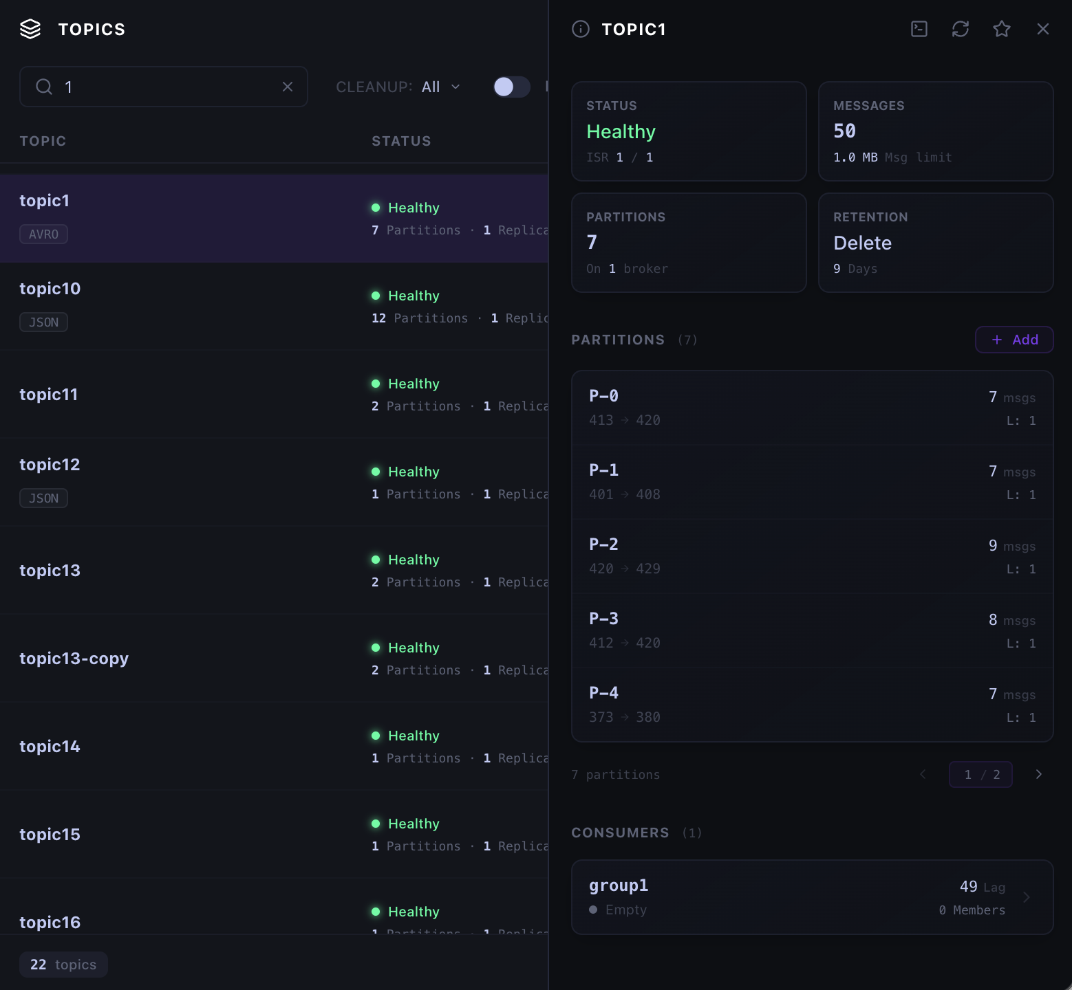Kafka topic details drawer showing status, messages, partitions, retention, and consumer groups